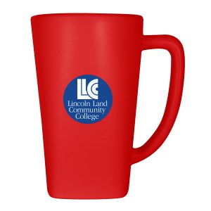 tall, red mug with handle and LLCC logo