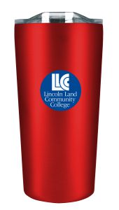 Tall, red mug with lid. No handle. LLCC logo
