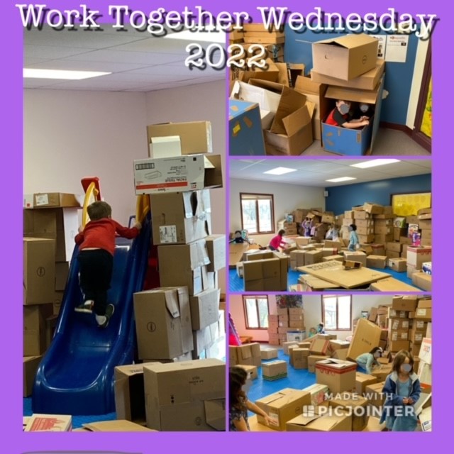 Work Together Wednesday 2022. Photos of children playing in an around a room full of boxes. Photo collage made with Picjointer