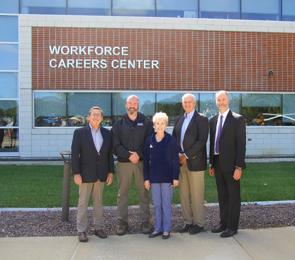 Don Schaefer, executive vice president, Mid-West Truckers Association; Dan Smith, vice president of product support, Roland Machinery Co.; Charlotte Warren, Ph.D., president, LLCC; Ken Elmore, chair, LLCC Board of Trustees; and Christopher McDowell, M.D., associate professor and chair, Department of Emergency Medicine, SIU School of Medicine