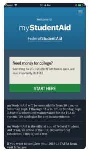 Welcome to myStudentAid app Federal Student Aid. Need money for college? Submitting the 2019-2020 FAFSA form is quick, and most importantly, it's FREE.
