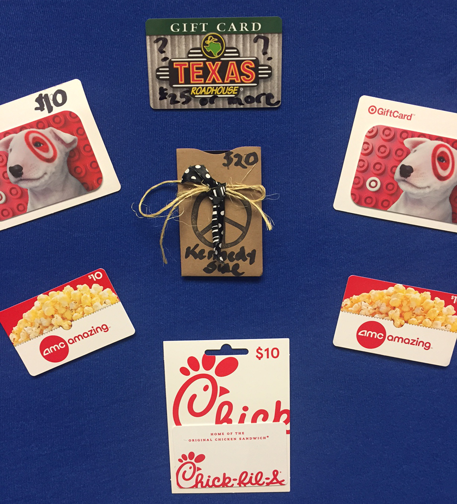Gift cards for Target, Texas Roadhouse, AMC and Check-fil-A