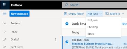In Outlook 365, across the top of the screen, under the search box, there are the options: Emply folder, Not junk, Move to. Select Not junk and then Phishing to report the email directly to Microsoft.