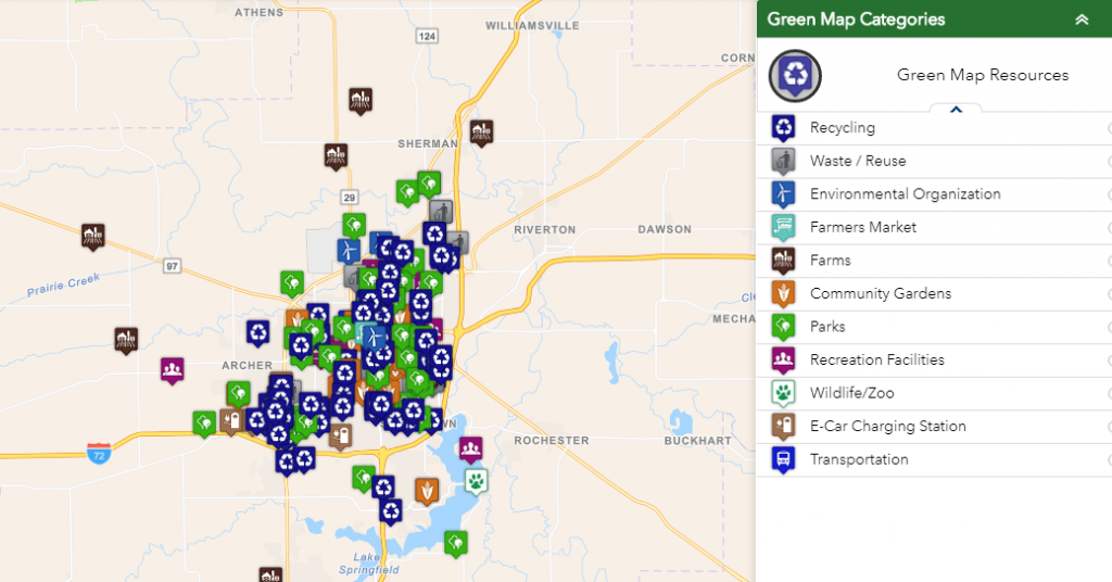 Green Map Categories. Green Map Resources. Recycling, Waste/Reuse, Environmental Organization, Farmers Market, Farms, Community Gardens, Parks, Recreation Facilities, Wildlife/Zoo, E-Car Charging Station, Transportation. Covers Springfield area.