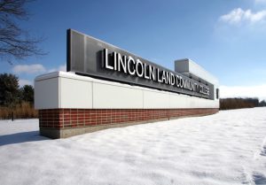 Lincoln Land Community College sign, snow