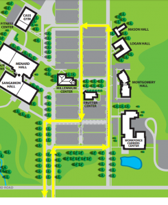 The Graduate Parade route enters campus from the main entrance at the intersection of Shepherd and Toronto Roads. Head east from entrance. Take first right and head south. Turn left in front of the Workforce Careers Center, heading east. Pass the Trutter Center and Montgomery, Logan and Mason Halls. Then turn left (north). Then take the first left , and head west passing Millennium and Trutter centers. Then turn right, heading north. Follow until road T's. Then turn left to follow main road out of campus.
