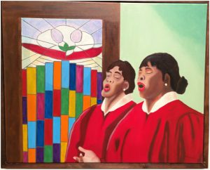 "Walk with Me Lord" by Wilma Wofford. Oil on Canvas. Featuring choir members in a church.