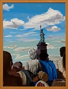 "Equality's Game" by Vern Taylor. Acrylic on canvas. Features the statue of Liberty.