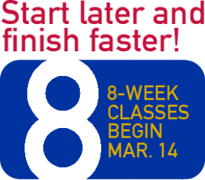 Start later and finish faster! 8-week classes begin Mar. 14.