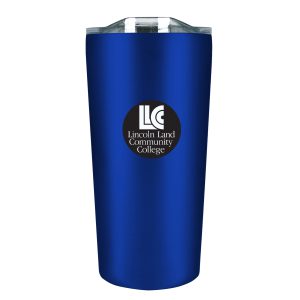 Tall, blue mug with lid. No handle. LLCC logo