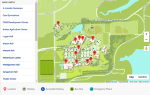 Artistic overlay of campus over Google Maps with pin points on buildings and list of locations on the left