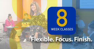 8 week classes. Flexible. Focus. Finish. Professor and students in classroom.