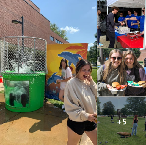 Photo collage of dunk tank, food and students playing yard games