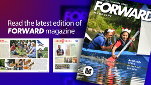 Read the latest edition of FORWARD magazine. Picture of front cover with image of a cardboard boat and two images of inside pages.