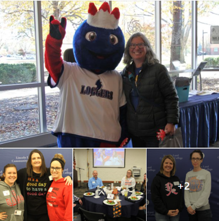 Collage of photos of counselors with Linc, in front of LLCC backdrop and at lunch tables in Trutter. Link to https://www.facebook.com/LincolnLandCommunityCollege/photos/pcb.10159110014043861/10159110009483861.