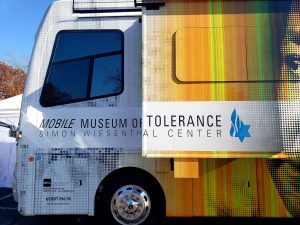 Photo of front of bus. Mobile Museum of Tolerance. Simon Wiesenthal Center.