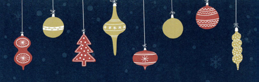 Ornaments hanging from strings on snowflake background