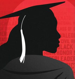 Silhouette of graduate in front of red background with words like valedictorian, civil rights, honor and class of 84.
