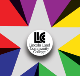 Lincoln Land Community College logo in the center of a star with 5 primary colors in the background