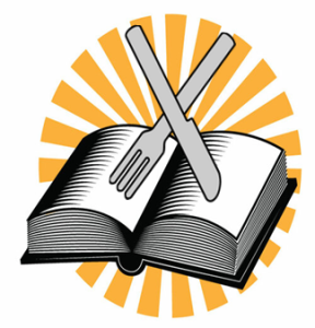 Graphic of an open book with fork and knife and sunburst