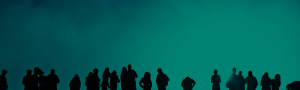 Image of a group of people in silhouette with teal background