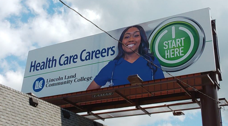 Health Care Careers. Start Here button. Photo of student in scrubs. Lincoln Land Community College logo.