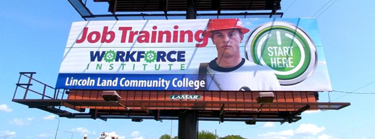 Job Training. Start Here button. Photo of student. Workforce Institute at Lincoln Land Community College logo.