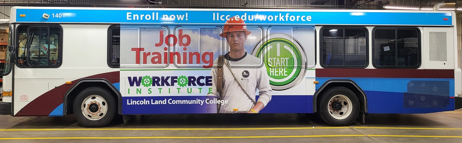 On side of bus: Job Training. Start Here button. Workforce Institute at Lincoln Land Community College. Enroll now! 