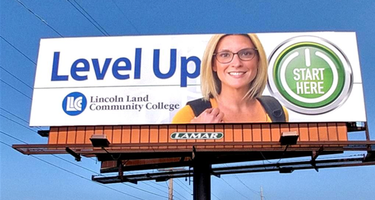 Level up. Start Here button. Photo of student. Lincoln Land Community College logo.