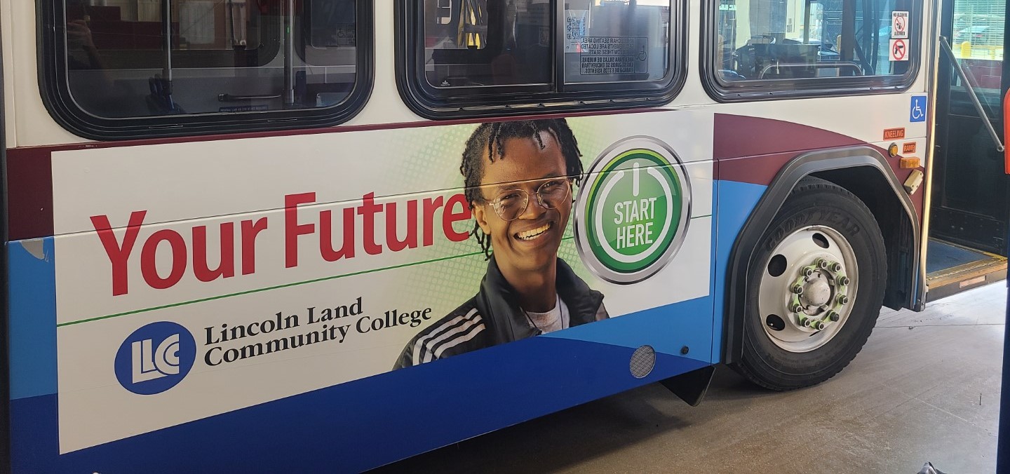 On side of bus: Your Future. Start Here button. Lincoln Land Community College.