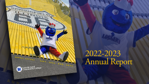 2022-2023 Annual Report. LLCC's mascot, Linc, sliding down Giant Slide at state fair.