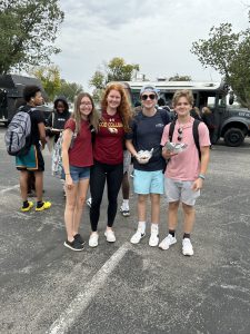 Students with food from food trucks