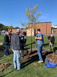 Ag Club students patting down the soil around the tree just planted