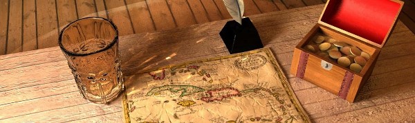old map, quill pen, box of coins