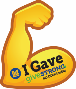 Flexed arm with the text, LLCC I Gave. Give strong. #LLCCGivingDay