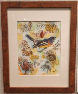 Mixed media artwork named “Summer’s Glory,” with flowers, child, bird nest and a bird made with ink, watercolor, paper.