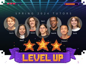 Peer tutoring photo that has a Level Up banner and student names, Isaac B., Zoey C., Kevin E., Ben F., David M., Preston S. and Kat. W.