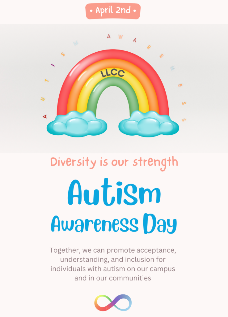 Cartoon image of rainbow with LLCC; Text reads: April 2nd, Autism Awareness Day; diversity is our strength; Together we can promote acceptance, understanding and inclusion for individuals with autism on our campus and in our communities. Rainbow infinity logo at bottom of page.