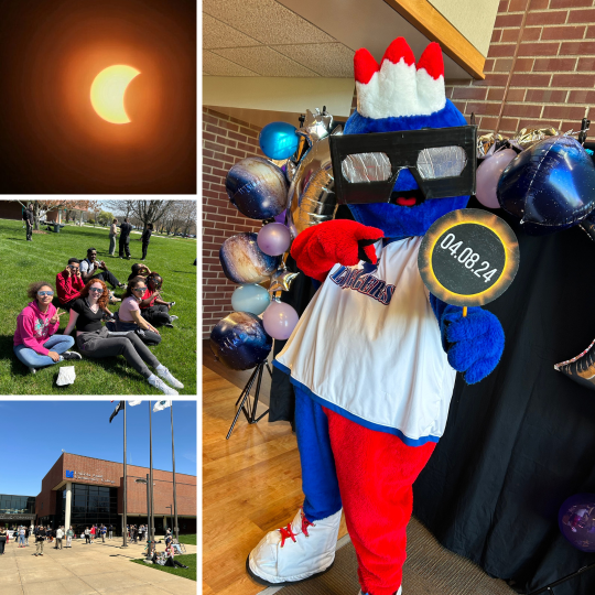 A collage of photos from the 2024 total solar eclipse. 1. The eclipse as seen from DuQuoin, IL, Linc sporting eclipse glasses, a group of LLCC students viewing the eclipse.