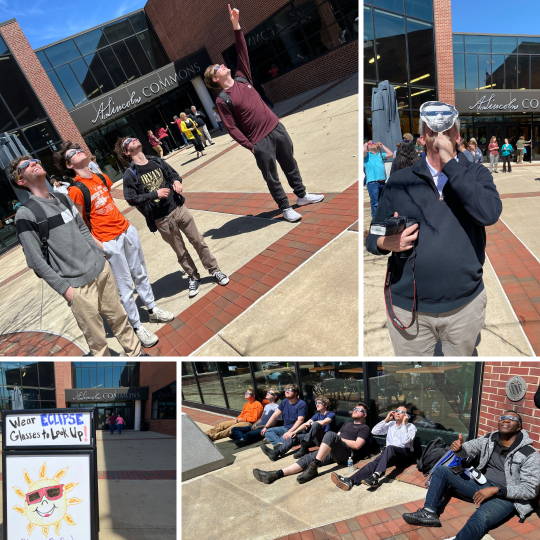More photos of LLCC staff and students experiencing the total solar eclipse 2024. One staff member holding a Lincoln mask with eclipse glasses.