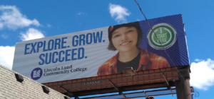 LLCC billboard that reads, "Explore, Grow, Succeed."