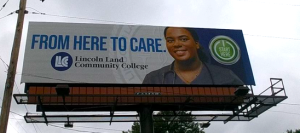 LLCC billboard that reads, "From here to care."