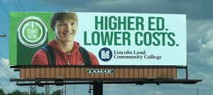 LLCC billboard that reads, "Higher Ed, lower costs."
