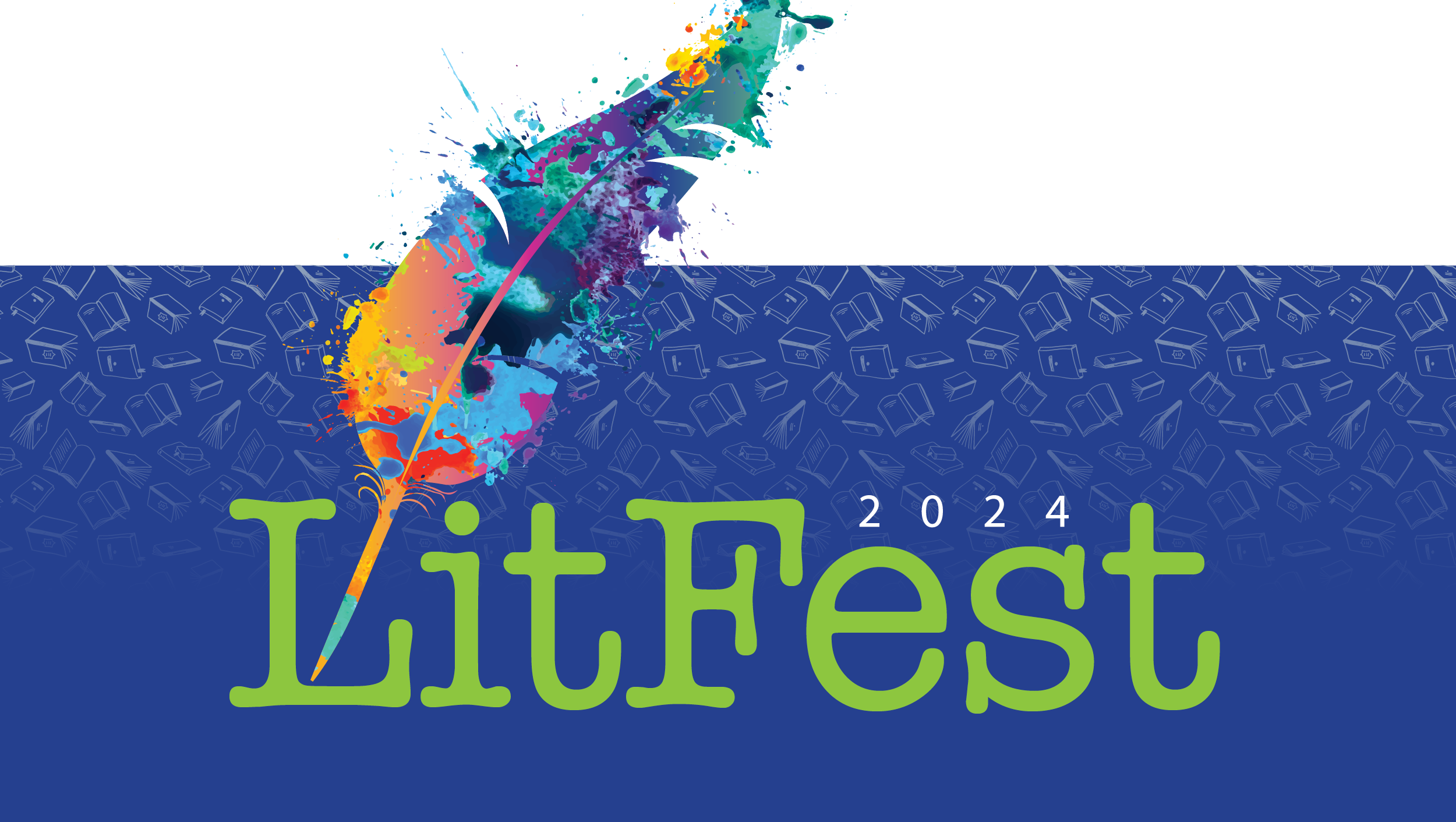 2024 Lit Fest. A blue graphic with a rainbow quill pen.