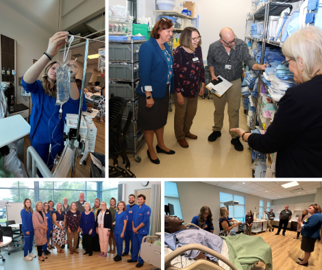 Photos of people on a tour of the LLCC health professions simulation lab.