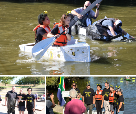 Collage of photos from the Birds and Bees cardboard boat.