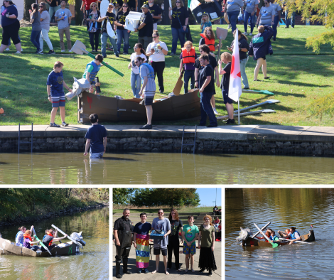 Collage of photos from the Games Club cardboard boat.