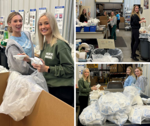 LLCC student volunteering packing medical supplies.