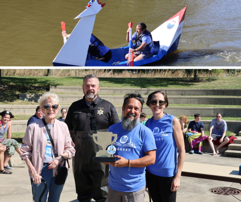 Collage of LLCC Library's boat in the regatta.