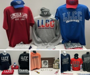 A collection of LLCC Logger merchandise; hats, shirts, books, water bottles and more.